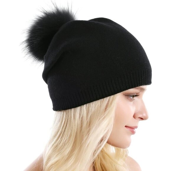 Women Knit Wool Beanie Winter Cashmere Ski Hat with Real Raccoon Fur Pom Pom - Picture 3 of 6